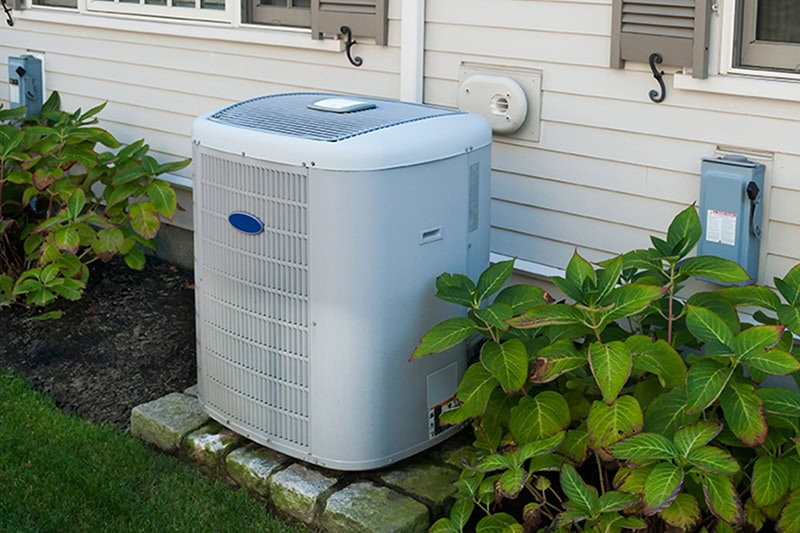 Spring AC Maintenance Tips. Photo of an HVAC unit installed outside of a home or building.